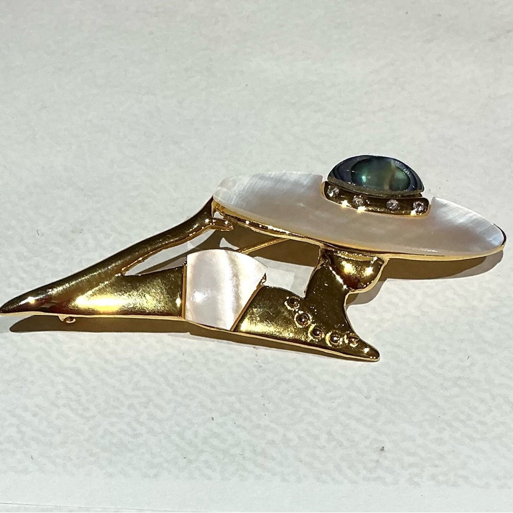 Vintage Art Deco Revival Gold Tone and Pearl Shell  Brooch